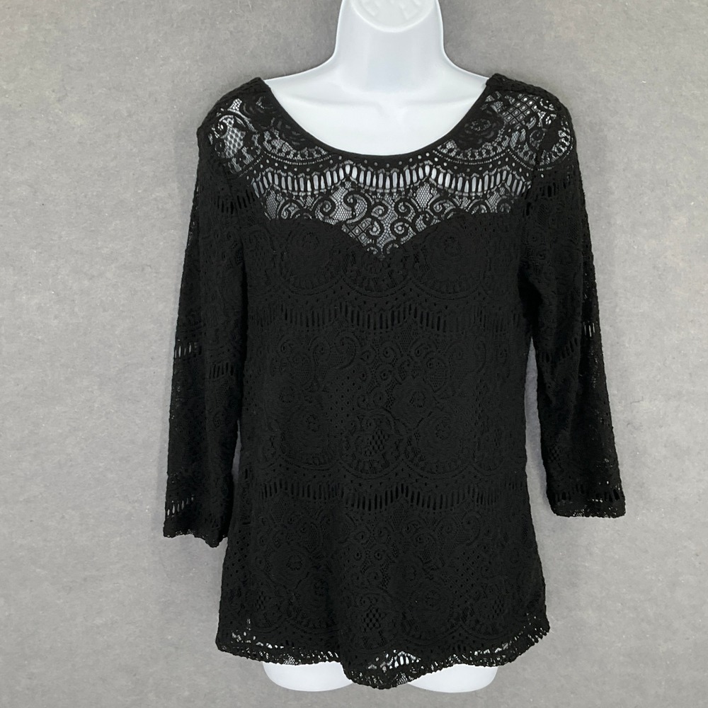 Adrianna Papell Black Lace Top Blouse‎ 3/4 Sleeve Elegant Party Cocktail